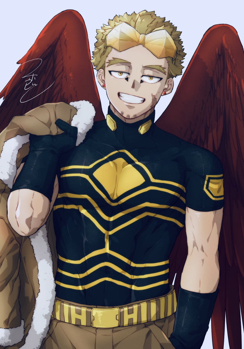 1boy abs belt blonde_hair body_markings bodysuit bodysuit_under_clothes boku_no_hero_academia burn_scar costume earrings eyewear_on_head facial_hair feathered_wings fur-trimmed_jacket fur_trim gloves goatee hand_up hawks_(boku_no_hero_academia) highres holding holding_clothes holding_jacket jacket jacket_over_shoulder jacket_removed jewelry mahoubin_(totemo_hot_dayo) male_focus pectoral_cleavage pectorals red_feathers rimless_eyewear scar scar_on_cheek scar_on_face scar_on_neck short_hair short_sleeves sideburns signature skin_tight smile solo straight-on stud_earrings teeth tinted_eyewear toned toned_male white_background wings yellow_eyes