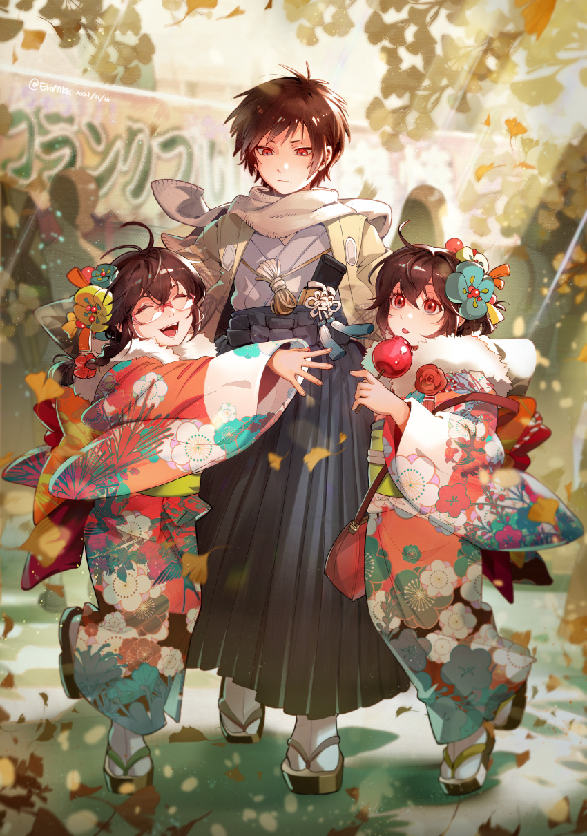 1boy 2girls absurdres back_bow bag black_hakama black_skirt bow braid brown_hair candy_apple child chinese_commentary chinese_knot chinese_text closed_eyes closed_mouth commentary_request dated day durarara!! eromkk floral_print flower food fur_collar ginkgo glasses green_sash hair_flower hair_ornament hakama hakama_skirt hand_up handbag haori highres holding holding_food japanese_clothes kimono long_sleeves looking_down multiple_girls multiple_sources obi open_mouth orihara_izaya orihara_kururi orihara_mairu outdoors pink-framed_eyewear pleated_skirt print_kimono red_bag red_bow red_eyes sash scarf semi-rimless_eyewear skirt smile tabi tassel tongue tongue_out tree twitter_username walking white_legwear white_scarf wide_sleeves zouri
