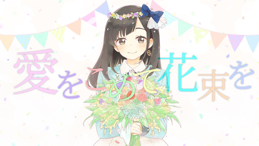 1girl bangs black_eyes black_hair blue_bow blue_jacket blush bouquet bow collared_dress dress earrings flower flower_wreath hair_bow hanabasami_kyou head_wreath highres holding holding_bouquet jacket jewelry leaf long_hair long_sleeves looking_at_viewer madam_s official_art re:act second-party_source single_earring smile solo song_name swept_bangs upper_body virtual_youtuber white_background wreath