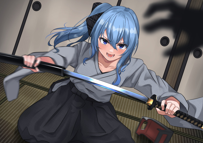 1girl :d absurdres blue_eyes blue_hair blurry collarbone commentary_request depth_of_field dutch_angle eyebrows_visible_through_hair highres holding holding_sword holding_weapon hololive hoshimachi_suisei japanese_clothes katana long_hair looking_at_viewer micon motion_blur sheath silhouette sliding_doors smile solo_focus standing sword tatami unsheathing v-shaped_eyebrows virtual_youtuber weapon