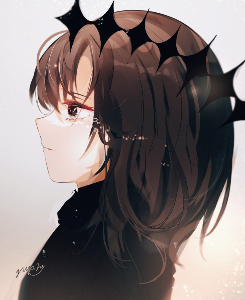 1girl absurdres black_shirt brown_eyes brown_hair closed_mouth commentary_request crown crying crying_with_eyes_open from_side grey_background gupipy highres medium_hair original profile shirt signature solo tears upper_body