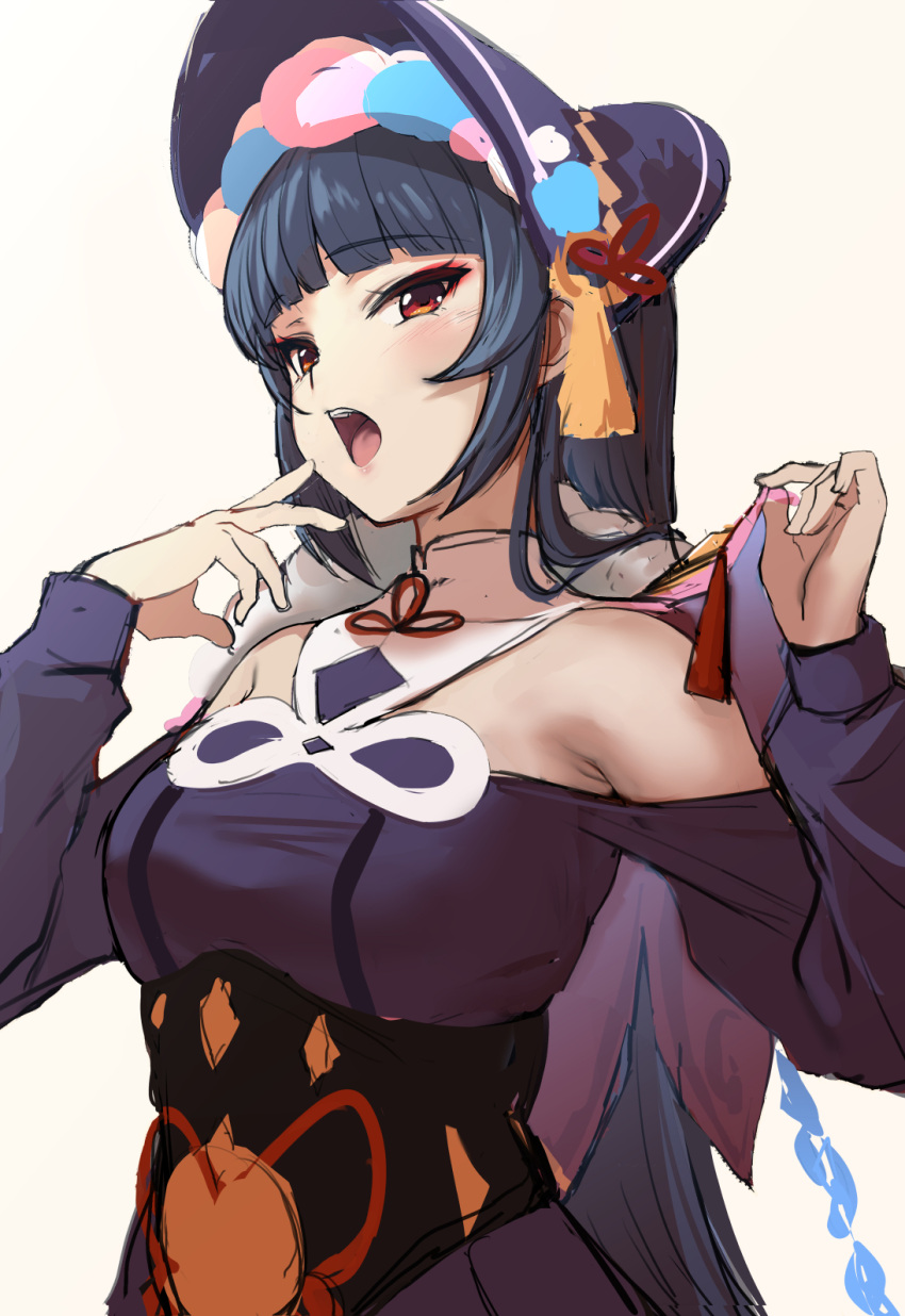 1girl bangs bare_shoulders blunt_bangs bonnet braid breasts capelet dress eyebrows_visible_through_hair finger_to_mouth fur_trim genshin_impact half-closed_eyes hat highres hime_cut ipuu_(el-ane_koubou) long_hair medium_breasts off_shoulder open_mouth purple_hair red_eyes upper_body yun_jin_(genshin_impact)