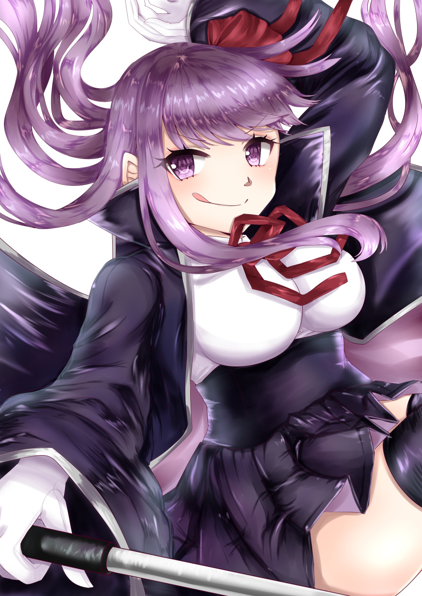 1girl bangs bb_(fate)_(all) bb_(fate/extra_ccc) black_coat black_skirt breasts coat fate/extra fate/extra_ccc fate/grand_order fate_(series) gloves hair_ribbon high-waist_skirt highres holding holding_wand large_breasts leotard long_hair long_sleeves looking_at_viewer neck_ribbon open_clothes open_coat popped_collar purple_eyes purple_hair red_ribbon ribbon skirt smile summerzsnow very_long_hair wand white_gloves white_leotard wide_sleeves