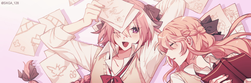 1boy 1girl :d astolfo_(fate) black_bow blush book bow braid closed_eyes collarbone derivative_work eyebrows_visible_through_hair eyes_visible_through_hair fang fate/apocrypha fate/grand_order fate_(series) french_braid french_text hair_between_eyes hair_bow highres holding holding_book holding_paper korean_commentary koyashaka liss_meier_(koyashaka) long_braid long_hair long_sleeves lying multicolored_hair neck_ribbon on_back one_eye_closed open_mouth orange_hair original otoko_no_ko paper partially_undressed pink_hair red_ribbon ribbon school_uniform simple_background skin_fang sleeping smile streaked_hair twitter_username very_long_hair vest violet_eyes white_hair