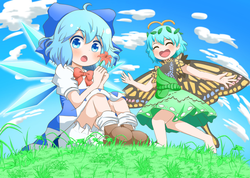 2girls :o ^_^ ahoge antennae barefoot bloomers blue_dress blue_eyes blue_hair blush bobby_socks brown_footwear butterfly_wings chestnut_mouth cirno closed_eyes clouds cloudy_sky coruthi day dress eternity_larva fisheye flower grass green_dress hair_between_eyes happy holding holding_flower ice ice_wings knees_up leaf leaf_on_head looking_at_viewer multiple_girls on_ground open_mouth running short_hair sitting sky smile socks touhou underwear white_legwear wings