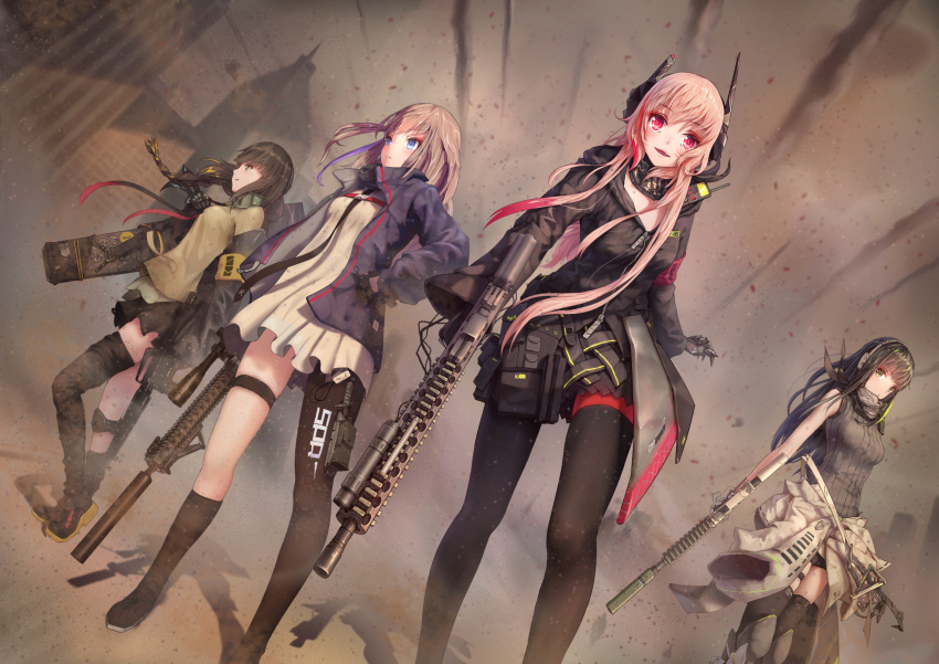 4girls anti-rain_(girls_frontline) ar-15 armband assault_rifle bangs black_neckwear black_ribbon blonde_hair blue_eyes blush braid breasts brown_eyes brown_hair camouflage_gloves cheek-to-cheek closed_mouth collared_shirt commentary dai_neko dress eyebrows_visible_through_hair eyepatch fangs girls_frontline gloves gun hair_between_eyes hair_ornament hair_ribbon half-closed_eye headgear headphones highres jacket long_hair long_sleeves looking_at_viewer m16 m16a1 m16a1_(girls_frontline) m4_carbine m4_sopmod_ii m4_sopmod_ii_(girls_frontline) m4a1_(girls_frontline) medium_breasts mole mole_under_eye multicolored_hair multiple_girls necktie off_shoulder one_eye_closed one_side_up open_mouth pink_hair prosthesis prosthetic_arm red_hair ribbed_sweater ribbon rifle scar scar_across_eye scarf shirt sidelocks smile st_ar-15_(girls_frontline) streaked_hair sweatdrop sweater sweater_vest weapon yellow_shirt