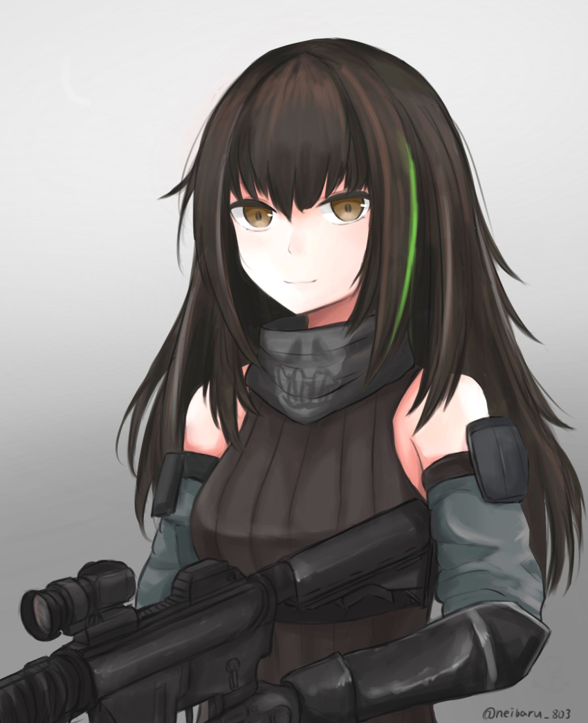 1girl absurdres black_gloves black_shorts breasts brown_eyes brown_hair closed_mouth eyebrows_visible_through_hair feet_out_of_frame girls_frontline gloves green_shirt grey_background hand_on_back hand_on_breast highres long_hair looking_at_viewer m4a1_(girls_frontline) medium_breasts multicolored_hair navel neibaru_803 open_clothes open_shorts shirt shorts solo
