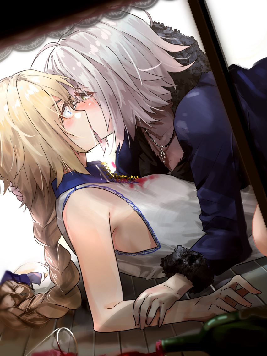 2girls ahoge bare_shoulders blonde_hair blue_bow blue_eyes blush bow collarbone eye_contact fate/grand_order fate_(series) from_side hair_bow highres jeanne_d'arc_(alter)_(fate) jeanne_d'arc_(fate) jewelry kiss long_hair long_sleeves looking_at_another multiple_girls necklace pikouros4869 profile saliva selfcest shirt short_hair silver_hair sleeveless sleeveless_shirt upper_body yellow_eyes yuri
