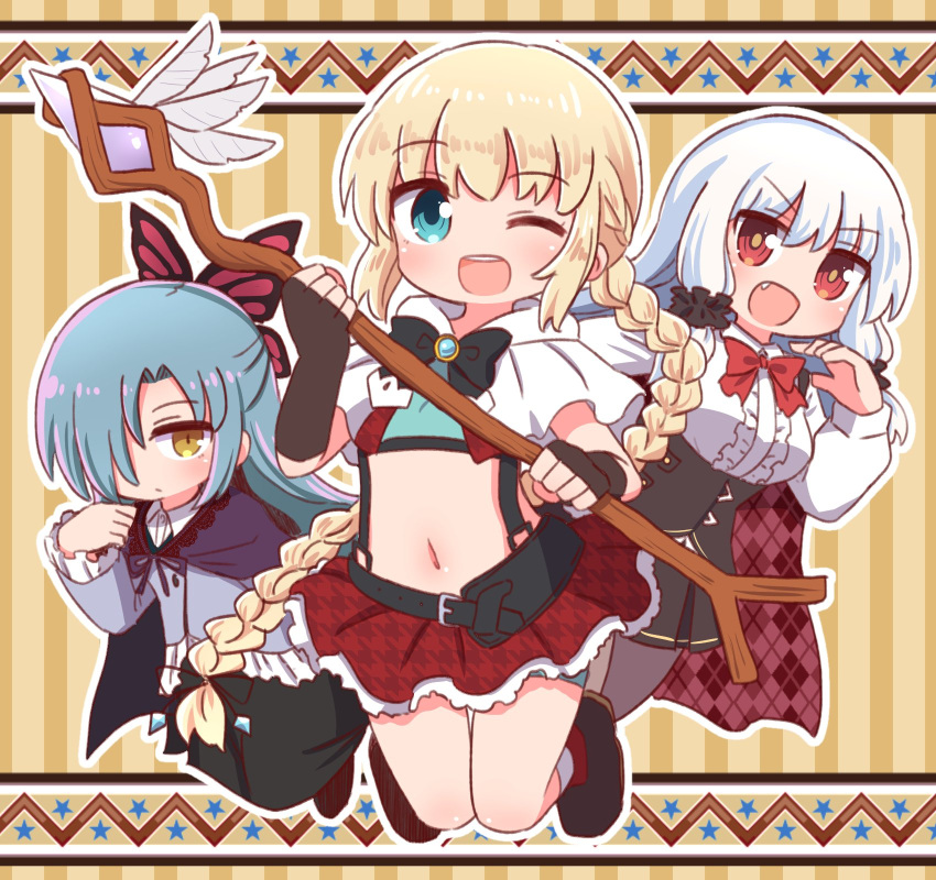 3girls :d ;d argyle bangs black_bow black_footwear black_scrunchie black_skirt blonde_hair blue_eyes blue_hair blue_shirt bow braid breasts brown_eyes butterfly_hair_ornament capelet center_frills closed_mouth collared_shirt commentary_request copyright_request crop_top eyebrows_visible_through_hair fang frills hair_between_eyes hair_ornament hair_over_one_eye hair_scrunchie hand_up highres holding holding_staff hood hood_down hooded_capelet jacket long_hair medium_breasts midriff multiple_girls naga_u navel one_eye_closed pleated_skirt purple_jacket red_bow red_eyes red_skirt scrunchie shirt shoes single_braid skirt smile staff v-shaped_eyebrows very_long_hair white_capelet white_hair white_shirt