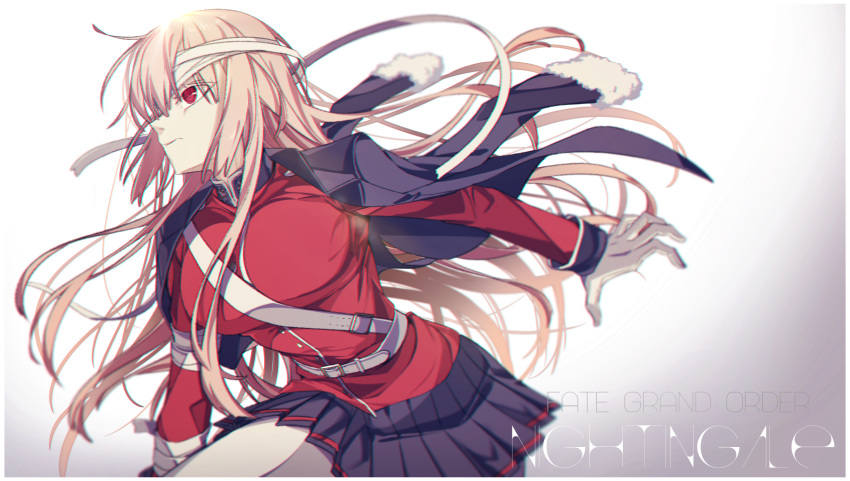 1girl angellyuna bangs belt black_skirt blush braid braided_ponytail breasts buttons clipboard fate/grand_order fate_(series) florence_nightingale_(fate/grand_order) folded_ponytail gloves highres jacket large_breasts long_hair long_sleeves pantyhose parted_lips pink_hair red_eyes red_jacket sitting skirt thighs white_gloves white_legwear