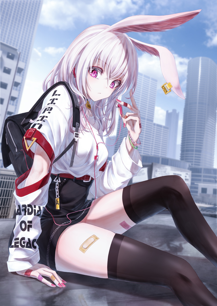 1girl absurdres animal_ears arm_support bae.c bandaid black_legwear black_skirt blue_sky blurry breasts building cityscape closed_mouth clouds commentary day depth_of_field ear_tag earphones english_commentary hand_up high-waist_skirt highres holding jewelry knee_up lirin_(bae.c) long_hair long_sleeves looking_at_viewer medium_breasts miniskirt nail_polish original outdoors pink_nails rabbit_ears ring shirt shirt_tucked_in sitting skirt sky skyscraper slit_pupils solo thigh-highs tsumi_no_hahen_(debris) violet_eyes white_hair white_shirt zettai_ryouiki