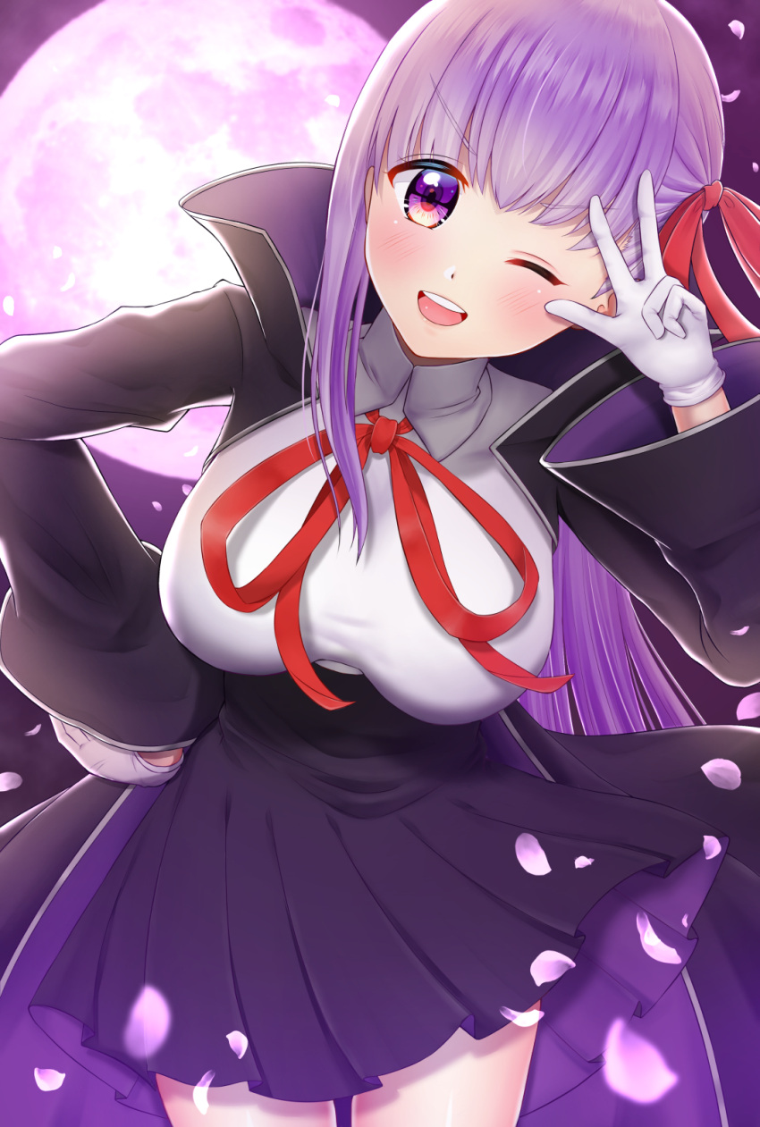 1girl bangs bb_(fate)_(all) bb_(fate/extra_ccc) black_coat black_skirt breasts coat fate/extra fate/extra_ccc fate/grand_order fate_(series) gloves hair_ribbon high-waist_skirt highres holding holding_wand large_breasts leotard long_hair long_sleeves looking_at_viewer neck_ribbon open_clothes open_coat popped_collar purple_eyes purple_hair red_ribbon ribbon san_nanami skirt smile very_long_hair wand white_gloves white_leotard wide_sleeves