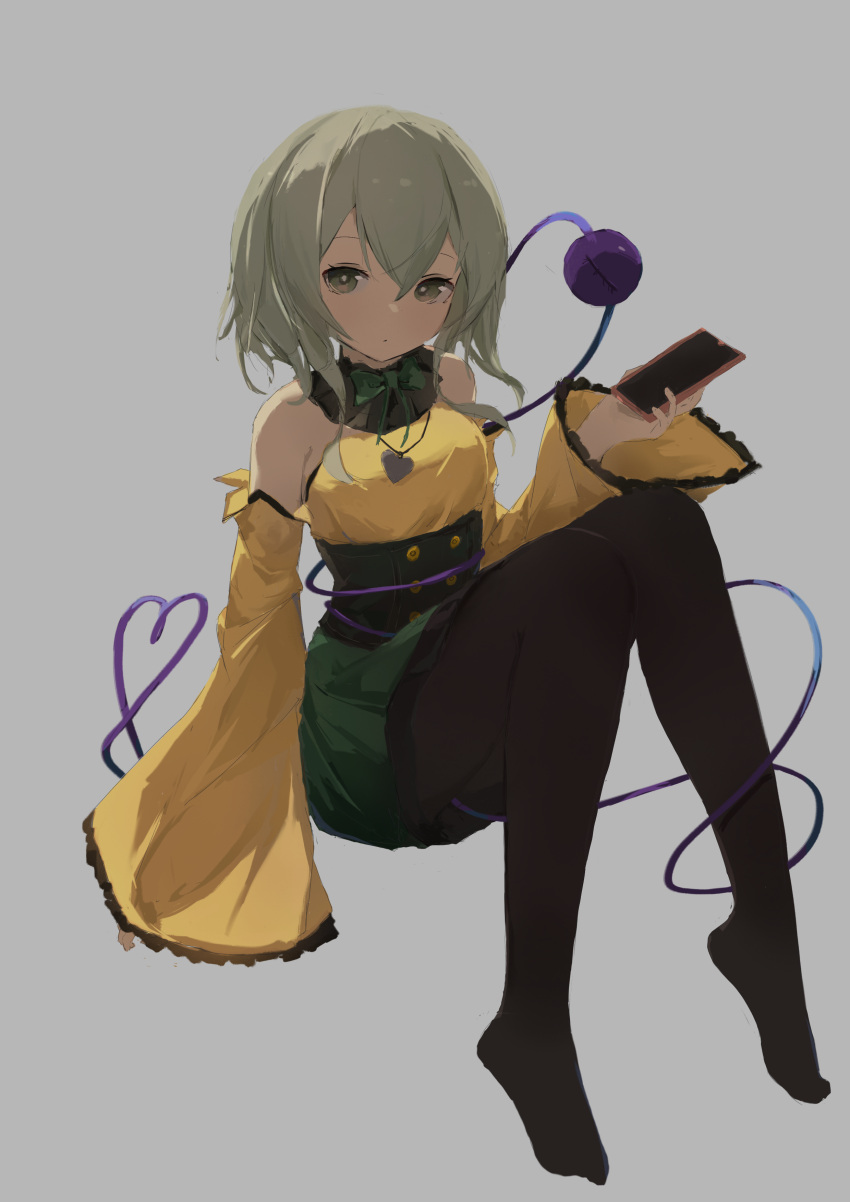 1girl a_pomelo absurdres adapted_costume cellphone corset detached_sleeves feet floating full_body green_eyes green_hair grey_background hair_between_eyes heart heart-shaped_pupils heart_of_string highres holding holding_phone komeiji_koishi long_sleeves looking_at_viewer medium_hair no_hat no_headwear phone simple_background sleeves_past_wrists smartphone solo symbol-shaped_pupils third_eye touhou wide_sleeves