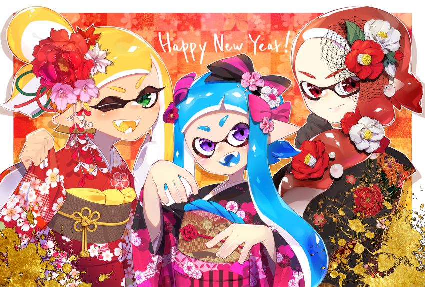 3girls :d ;d black_kimono blonde_hair blue_hair blue_tongue bow checkered_background closed_mouth colored_tongue commentary english_text fangs floral_print flower green_eyes hair_bow hair_flower hair_ornament happy_new_year highres inking japanese_clothes kimono long_hair long_sleeves looking_at_viewer multiple_girls new_year nomu one_eye_closed open_mouth outside_border pointy_ears print_kimono red_eyes red_kimono redhead shadow short_hair short_hair_with_long_locks side-by-side side_ponytail smile splatoon_(series) squid_pose standing tan tied_hair wide_sleeves yellow_tongue