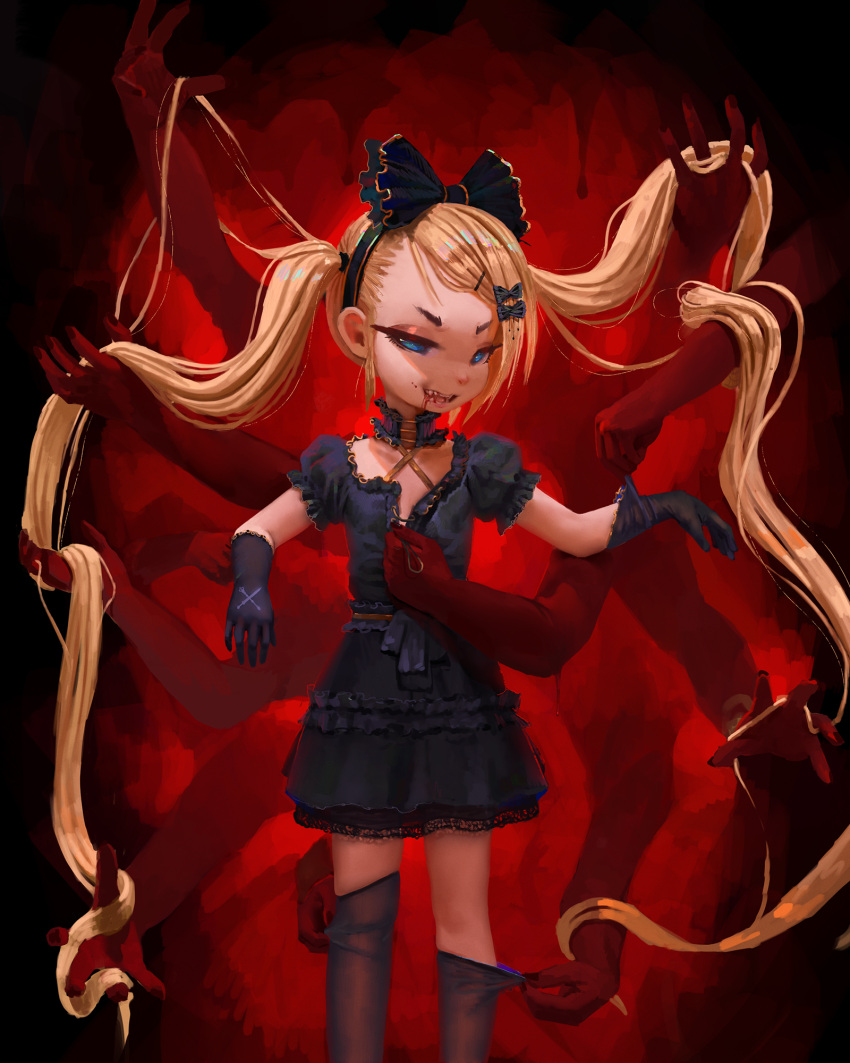 1girl bangs black_bow black_dress black_gloves black_hairband blonde_hair blood blood_from_mouth blue_eyes bow breasts child commission copyright_request dress feet_out_of_frame fizrotart frilled_dress frills gloves hair_bow hairband highres long_hair looking_at_viewer puffy_short_sleeves puffy_sleeves red_background sharp_teeth short_sleeves small_breasts smile teeth thigh-highs undressing very_long_hair