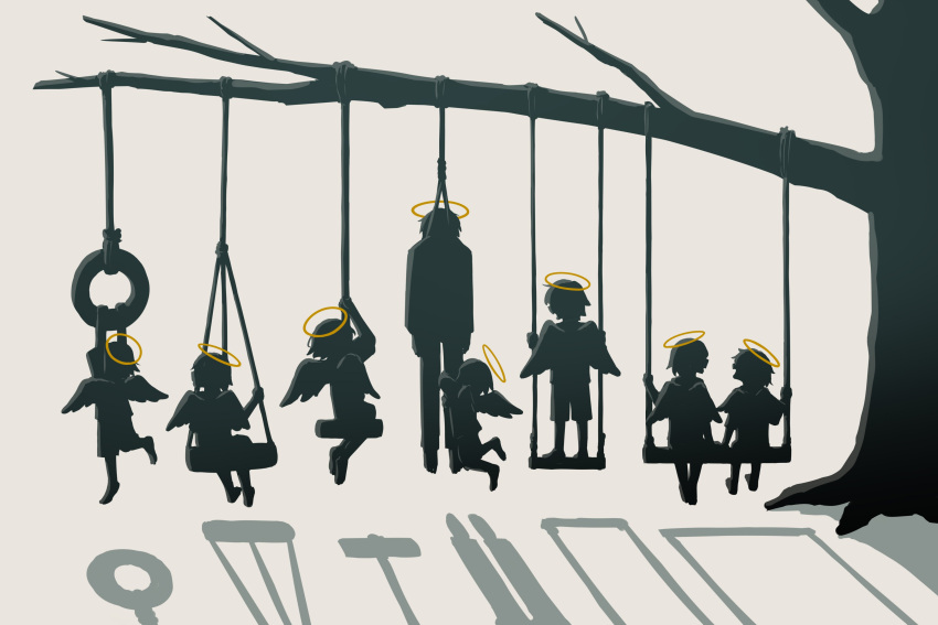 6+others absurdres angel angel_wings avogado6 commentary from_behind halo hanged hanging_on_another highres limited_palette multiple_others noose original shadow simple_background sitting standing suicide swing swing_set tire_swing tree white_background wings