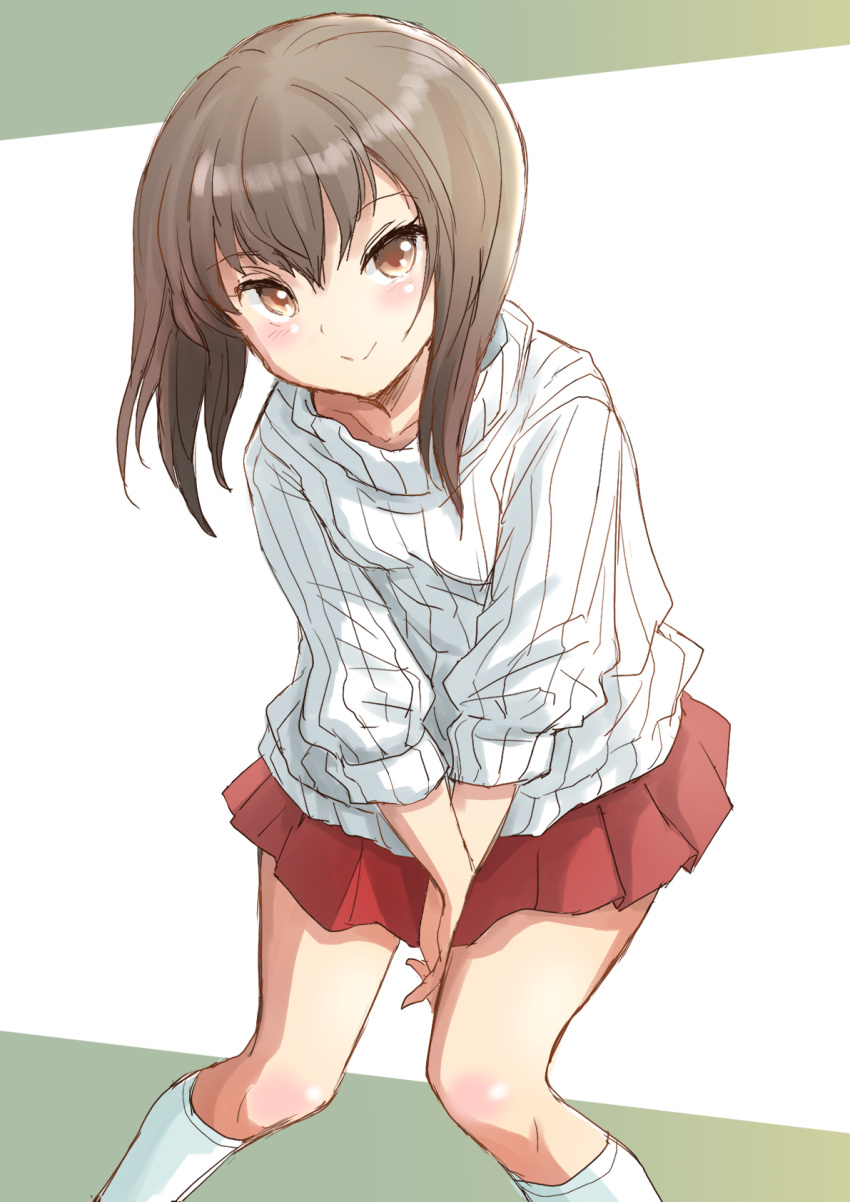 1girl alternate_costume brown_eyes brown_hair commentary_request dress fuji_(pixiv24804665) highres kantai_collection kneehighs pleated_dress red_skirt ribbed_sweater skirt solo squatting standing sweater taihou_(kancolle) v_arms white_legwear white_sweater