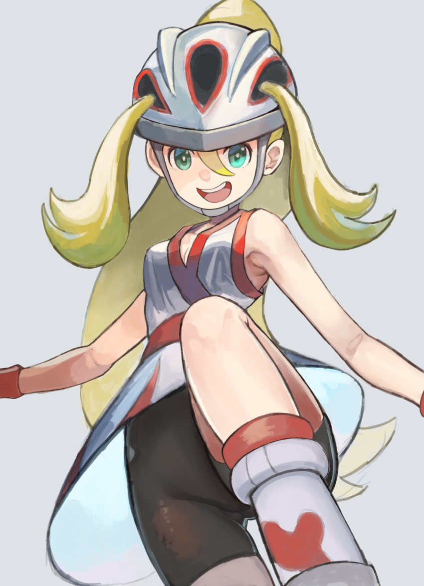 1girl :d absurdres bare_shoulders bike_shorts black_shorts blonde_hair dress green_eyes helmet highres korrina_(pokemon) leg_up long_hair looking_at_viewer open_mouth pokemon pokemon_(game) pokemon_xy ponytail shorts sleeveless sleeveless_dress smile solo taruto_(takug0812) teeth upper_teeth white_dress white_footwear