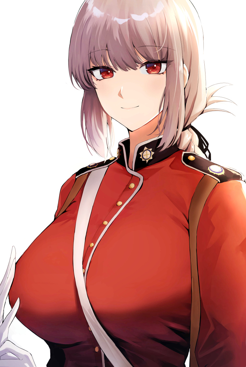 1girl absurdres bangs breasts closed_mouth eyebrows_visible_through_hair fate/grand_order fate_(series) florence_nightingale_(fate) gloves grey_hair highres large_breasts long_sleeves looking_at_viewer memero_7272 military military_uniform red_eyes shiny shiny_hair short_hair simple_background smile solo uniform upper_body white_background white_gloves