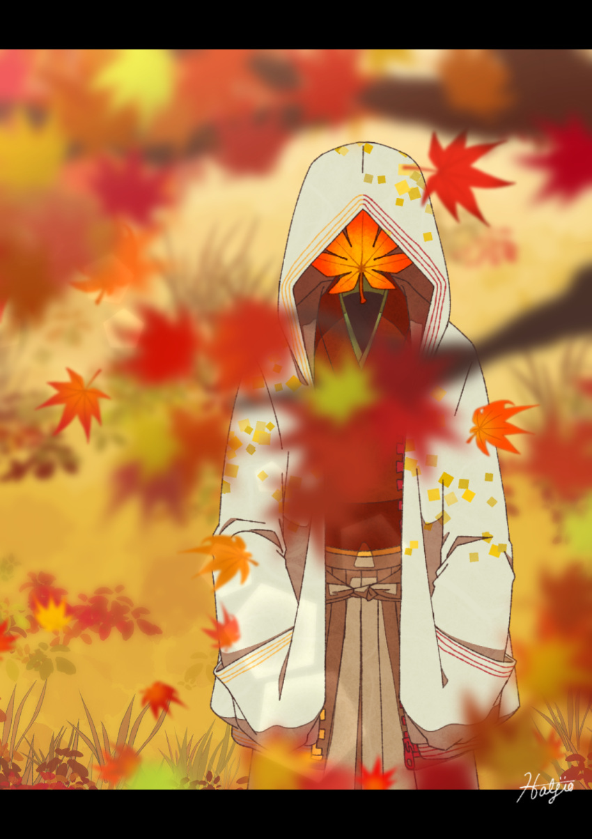 1boy autumn_leaves blurry blurry_foreground branch grass haljion_weapon hands_in_pockets highres hood hood_up leaf long_sleeves maple_leaf object_head original plant shadow signature solo upper_body