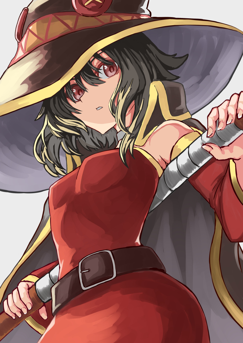 1girl absurdres belt black_belt black_cape black_hair cape detached_sleeves dress hair_between_eyes hat highres holding kono_subarashii_sekai_ni_shukufuku_wo! looking_at_viewer medium_hair megumin mikanbisya parted_lips red_dress red_eyes red_sleeves simple_background solo white_background