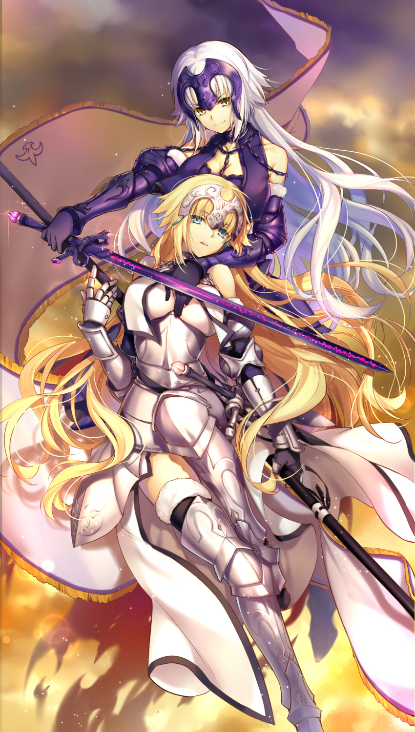 2girls armor armored_boots armored_dress banner black_legwear blonde_hair blue_eyes boots breasts cleavage dress dutch_angle eyebrows_visible_through_hair fate/apocrypha fate/grand_order fate_(series) floating_hair flower fur_trim gauntlets highres jeanne_d'arc_(alter)_(fate) jeanne_d'arc_(fate) jeanne_d'arc_(fate)_(all) king.c lens_flare long_hair looking_back medium_breasts multiple_girls ruler_(fate/apocrypha) sheath silver_hair sleeveless sleeveless_dress smile standing thigh-highs very_long_hair white_dress white_flower yellow_eyes
