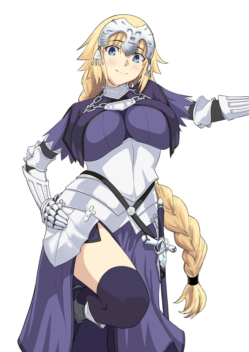 1girl armor armored_dress banner black_ribbon blonde_hair blue_eyes braid eyebrows_visible_through_hair fate/apocrypha fate/grand_order fate_(series) gauntlets highres iwao178 jeanne_d'arc_(fate) jeanne_d'arc_(fate)_(all) long_hair low-tied_long_hair ponytail purple_legwear ribbon ruler_(fate/apocrypha) sheath sheathed single_braid smile solo standing sword thigh-highs very_long_hair weapon