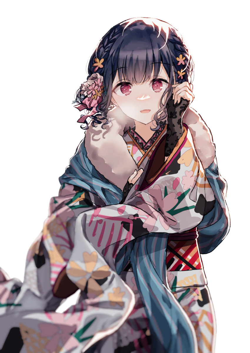 1girl adjusting_hair bangs black_gloves black_hair blue_kimono blurry blurry_foreground commentary eyebrows_visible_through_hair fingerless_gloves flower fur-trimmed_kimono fur_trim gloves gocoli hair_flower hair_ornament highres idolmaster idolmaster_shiny_colors japanese_clothes kanzashi kimono morino_rinze open_mouth red_eyes redhead simple_background smile solo white_background yellow_flower