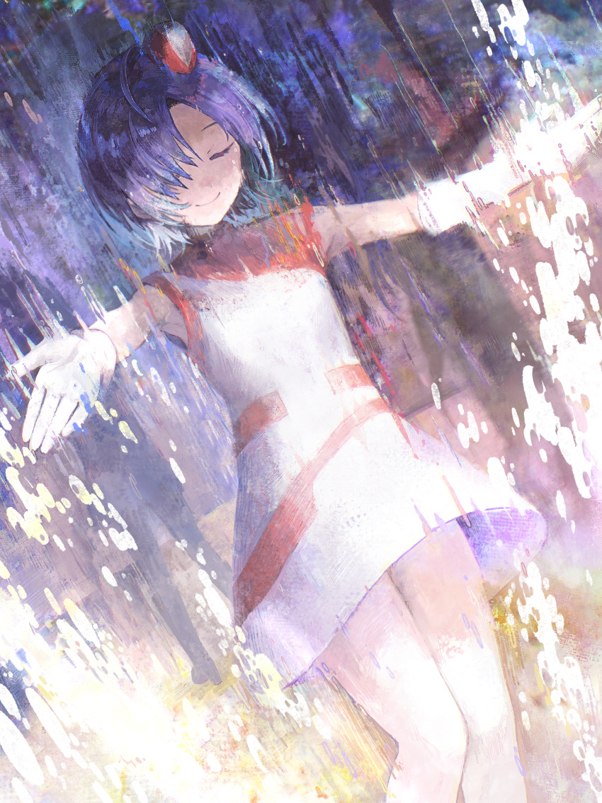 1girl absurdres asakura_tooru asymmetrical_gloves blue_hair closed_eyes dress elbow_gloves english_commentary gloves gradient_hair hai_bokusha hat highres idolmaster idolmaster_shiny_colors mismatched_gloves multicolored_hair outstretched_arms short_hair sleeveless sleeveless_dress solo spread_arms texture thighs water_drop white_gloves