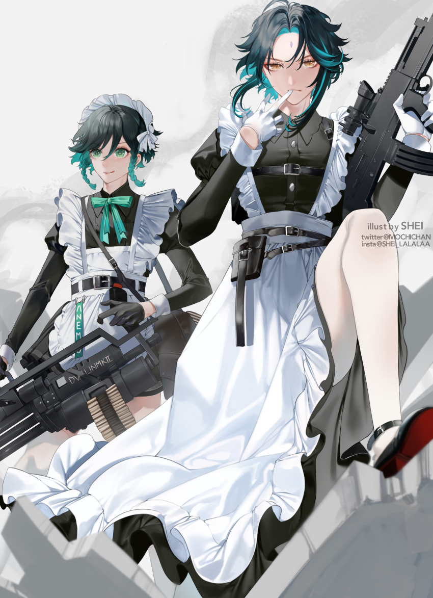 2boys absurdres alternate_costume apron aqua_hair assault_rifle bangs belt black_belt black_dress black_footwear black_gloves braid buttons collared_shirt crossdressing debris dress english_commentary english_text enmaided eyelashes eyeliner eyeshadow facial_mark forehead_mark frilled_apron frills genshin_impact gloves green_eyes green_ribbon grey_background gun half_gloves high_heels highres holding holding_gun holding_weapon instagram_username juliet_sleeves leg_up lips long_sleeves looking_at_viewer looking_to_the_side maid makeup multicolored_hair multiple_boys neck_ribbon parted_bangs puffy_sleeves red_eyeshadow removing_glove ribbon rifle shei99 shirt sidelocks smile smoke twin_braids twitter_username two-tone_hair utility_belt venti_(genshin_impact) weapon white_apron white_gloves wing_collar xiao_(genshin_impact) yellow_eyes