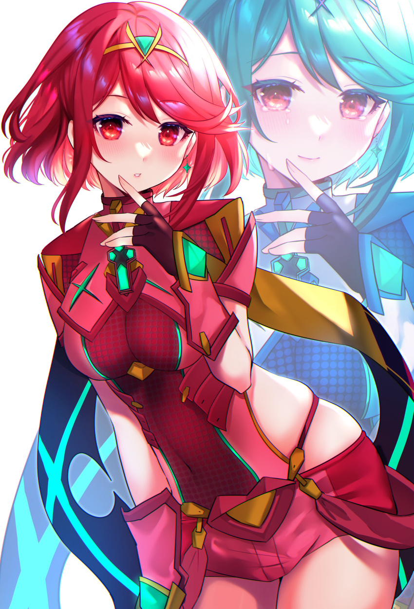 absurdres asada_sadao bangs black_gloves breasts chest_jewel earrings fingerless_gloves gloves green_hair highres jewelry large_breasts long_hair pneuma_(xenoblade) pyra_(xenoblade) red_eyes red_shorts redhead short_hair short_shorts shorts swept_bangs thigh-highs tiara very_long_hair xenoblade_chronicles_(series) xenoblade_chronicles_2