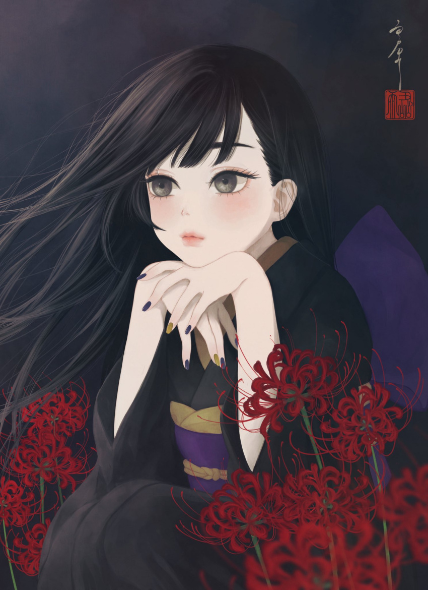 1girl bangs black_background black_eyes black_hair black_kimono blue_nails blurry blurry_foreground commentary_request facing_viewer floating_hair flower head_rest highres japanese_clothes kimono light_blush long_hair long_sleeves looking_past_viewer nail_polish obi obiage obijime original own_hands_together purple_sash red_flower sash seal_impression signature sitting solo spider_lily upper_body ushiyama_ame yellow_nails