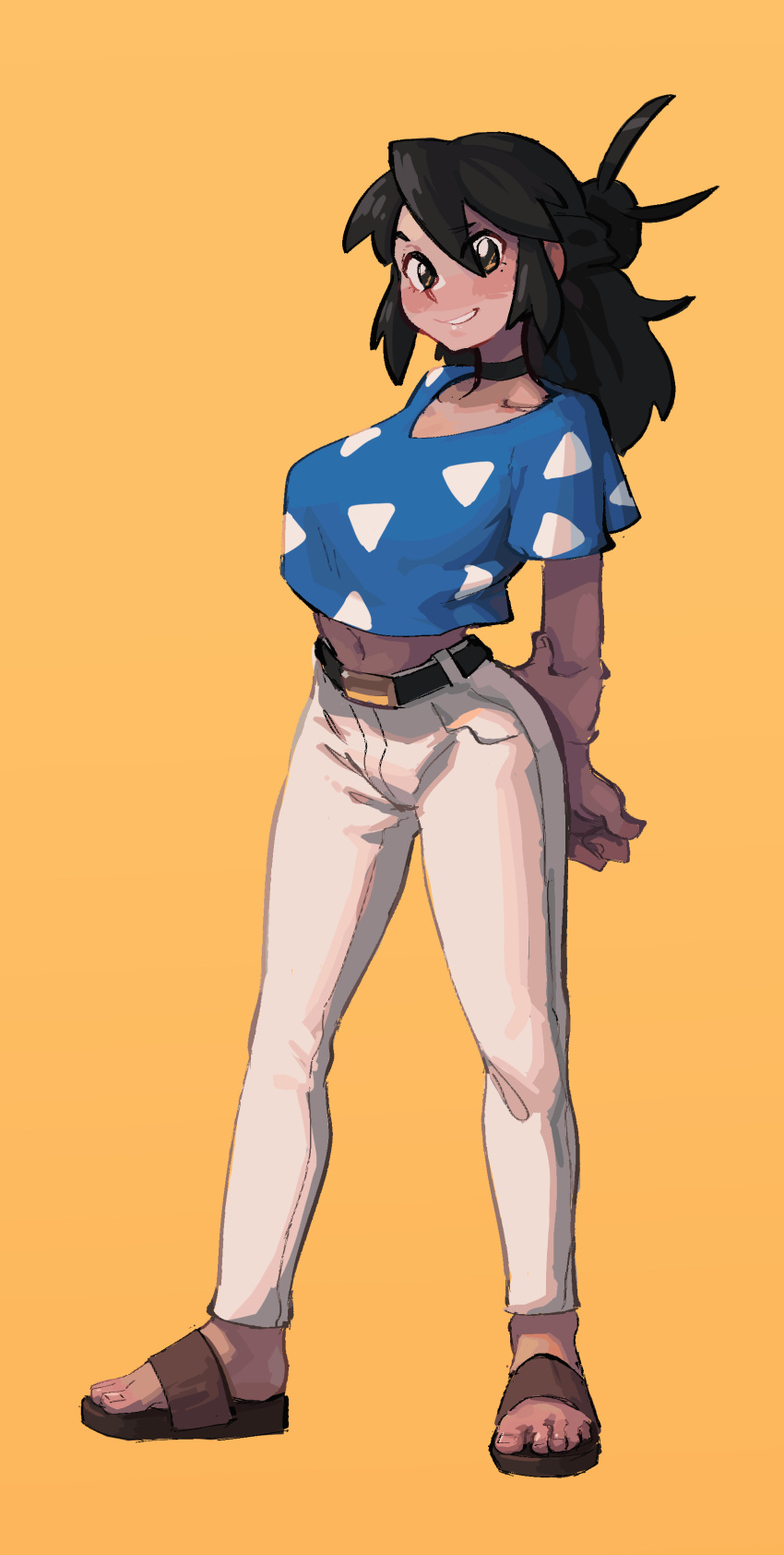 1girl absurdres belt black_belt black_hair blue_shirt blush borrowed_character breasts highres large_breasts long_hair lucia_(scott_malin) midriff navel original pants parted_lips piku184 print_shirt sandals shirt simple_background smile solo white_pants yellow_background