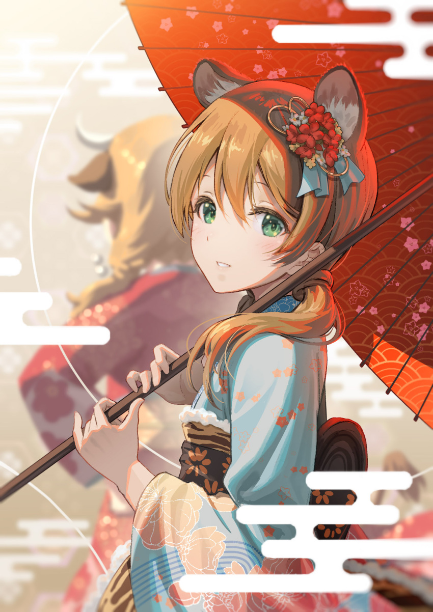 3girls alice_gear_aegis animal_ears brown_hair extra_ears hair_ornament highres japanese_clothes kimono kotomura_amane long_hair looking_at_viewer low_twintails multiple_girls obi obiage oil-paper_umbrella pinakes sash solo_focus tiger_ears twintails umbrella