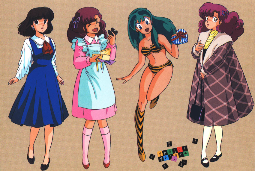 1980s_(style) 4girls apron bag bangs beige_background bikini blue_dress boots brown_hair candy chocolate clone closed_eyes copyright_name dress earrings food gift green_hair handbag heart heart-shaped_chocolate holding holding_gift horns jewelry knee_boots long_hair long_sleeves lum miyake_shinobu multiple_girls navel official_art oni oni_horns pink_hair pink_legwear ran_(urusei_yatsura) retro_artstyle scan short_hair simple_background standing strapless strapless_bikini swimsuit tiger_stripes urusei_yatsura white_legwear