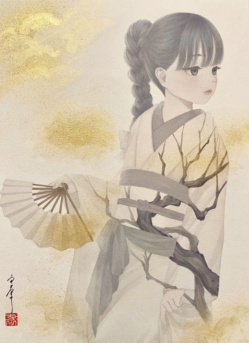 1girl bangs black_eyes black_hair braid branch commentary_request cowboy_shot folding_fan gold hand_fan highres holding holding_fan japanese_clothes kimono long_hair long_sleeves looking_away looking_to_the_side mixed_media obi obiage obijime original parted_lips photo_(medium) print_kimono sash seal_impression signature solo standing tree_print ushiyama_ame white_background white_kimono white_sash wide_sleeves