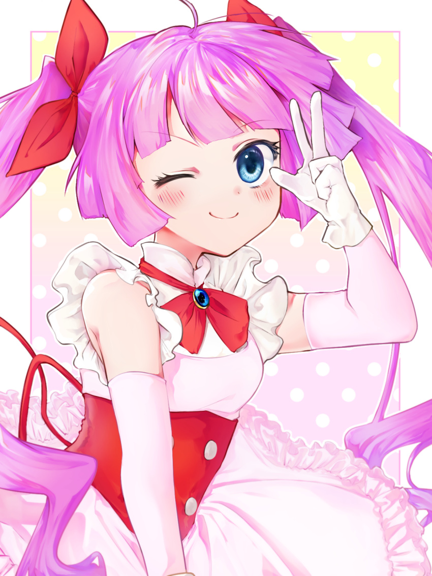 1girl bangs blue_eyes blush dress elbow_gloves eyebrows_visible_through_hair frilled_dress frills gloves hair_ribbon hand_up highres kirishima_romin long_hair looking_at_viewer one_eye_closed pink_gloves purple_hair red_ribbon ribbon senri_nk sleeveless sleeveless_dress smile solo twintails upper_body white_gloves yu-gi-oh! yu-gi-oh!_sevens