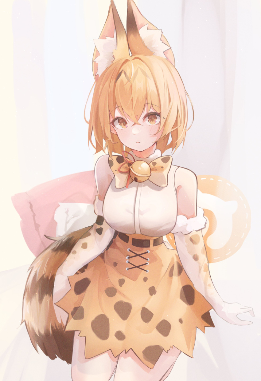 1girl absurdres animal_ears arms_up bangs bare_shoulders belt blonde_hair blush bow bowtie claw_pose closed_mouth commentary e_name elbow_gloves expressionless eyebrows_visible_through_hair eyelashes feet_out_of_frame fur-trimmed_gloves fur_trim gao gloves hair_between_eyes highres kemono_friends korean_text looking_at_viewer multicolored_bowtie multicolored_clothes multicolored_gloves serval_(kemono_friends) serval_print shirt short_hair skirt sleeveless sleeveless_shirt solo standing tail white_bow white_bowtie white_gloves yellow_bow yellow_bowtie yellow_eyes yellow_gloves yellow_skirt