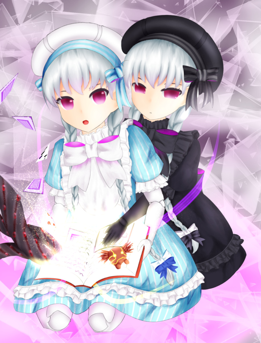 2girls alice_(fate/extra) black_bow black_dress black_gloves black_headwear blue_bow blue_dress bow bowtie bug butterfly closed_mouth doll_joints dress fate/extra fate/grand_order fate_(series) food_print frilled_dress frills gloves hat hat_bow insect long_hair looking_at_viewer multiple_girls mushroom_print myyah nursery_rhyme_(fate/extra) open_mouth print_dress purple_bow purple_eyes smile twins white_bow white_gloves white_hair white_headwear