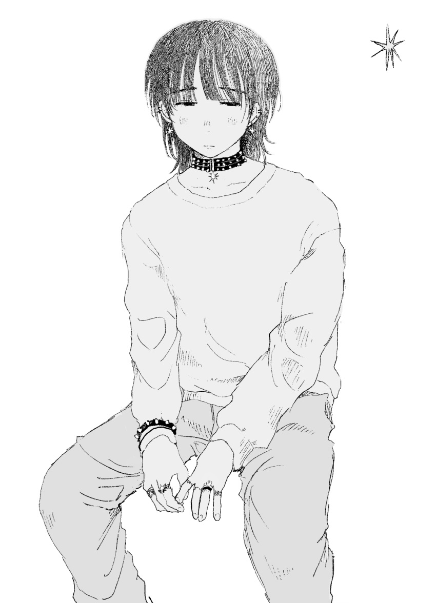 1boy bangs blunt_bangs blush bracelet collar ear_piercing earrings greyscale highres jewelry long_sleeves looking_to_the_side male_focus medium_hair mohato_official monochrome original pants piercing ring shirt sitting solo spiked_bracelet spiked_collar spikes