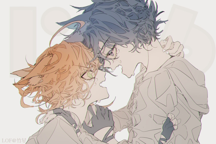 1boy 1girl ahoge animal_ears artist_name bishounen black_hair blue_eyes couple emma_(yakusoku_no_neverland) english_commentary face-to-face fang fingerless_gloves gloves hetero highres holding_person open_mouth orange_hair ray_(yakusoku_no_neverland) short_hair simple_background tears wet wet_clothes yakusoku_no_neverland zhuxing0330