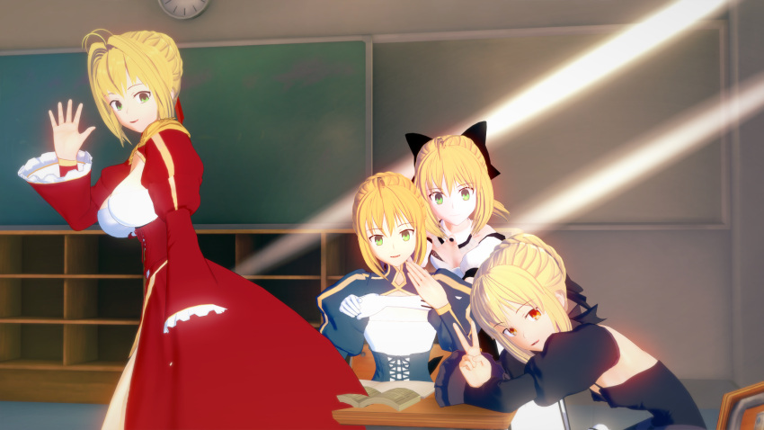 3d 4girls aestus_estus ahoge armor armored_boots armored_dress artoria_pendragon_(all) bare_shoulders black_bow black_dress blonde_hair blue_bow blue_dress blush boots bow braid breasts brown_bow bvicent0 caliburn closed_mouth commentary_request detached_sleeves dress facial_mark fate/extra fate/grand_order fate/stay_night fate/unlimited_codes fate_(series) gauntlets glowing glowing_sword glowing_weapon green_eyes hair_bow hair_bun hair_intakes hair_ribbon highres juliet_sleeves knee_boots light_brown_hair long_sleeves looking_at_viewer medium_breasts multiple_girls nero_claudius_(fate) nero_claudius_(fate)_(all) parted_lips puffy_short_sleeves puffy_sleeves red_dress red_ribbon ribbon saber saber_alter saber_extra saber_lily short_sleeves sidelocks sleeveless sleeveless_dress sleeves_past_wrists small_breasts smile white_dress white_sleeves wide_sleeves