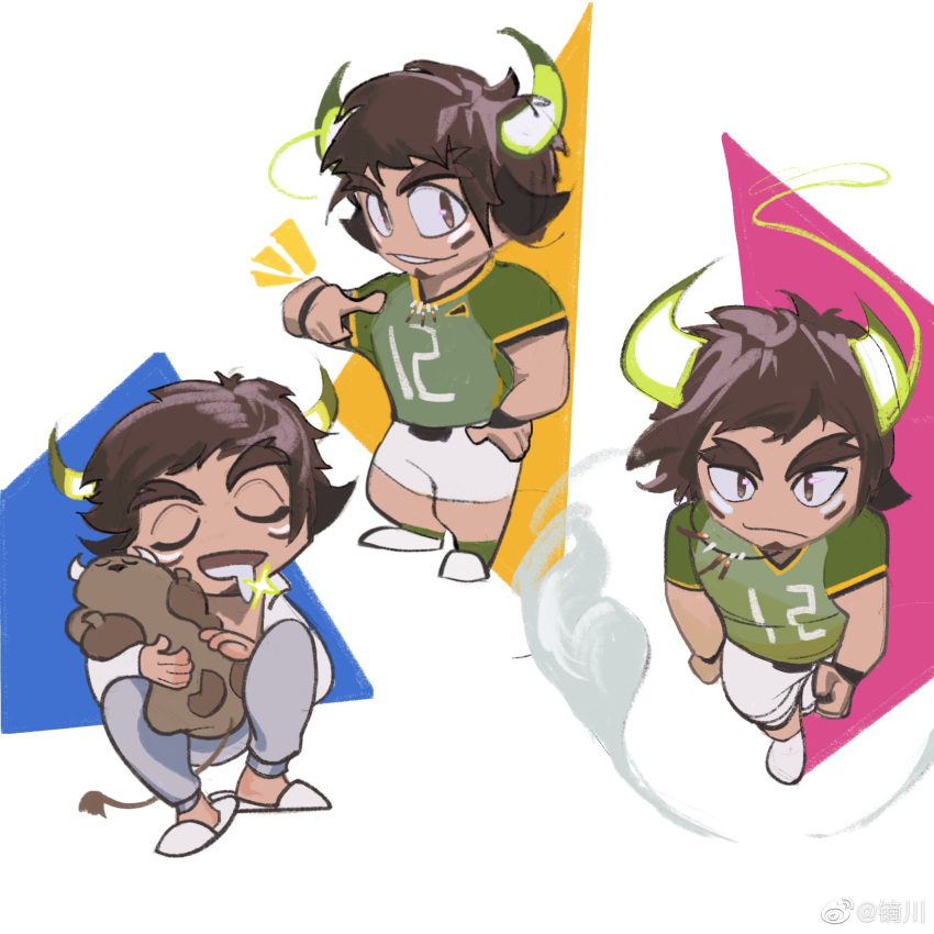 1boy absurdres american_football_uniform animal_ears brown_eyes brown_hair chibi collage cow_boy cow_ears cow_horns dichuan_(arriverw) drooling facial_hair fiery_horns forked_eyebrows glowing_horns goatee green_shirt highres holding holding_stuffed_toy horns male_focus official_alternate_costume pectorals pointing pointing_at_self shirt short_hair short_sleeves shorts sparkle sportswear stuffed_toy thick_eyebrows tokyo_afterschool_summoners wakan_tanka white_shorts