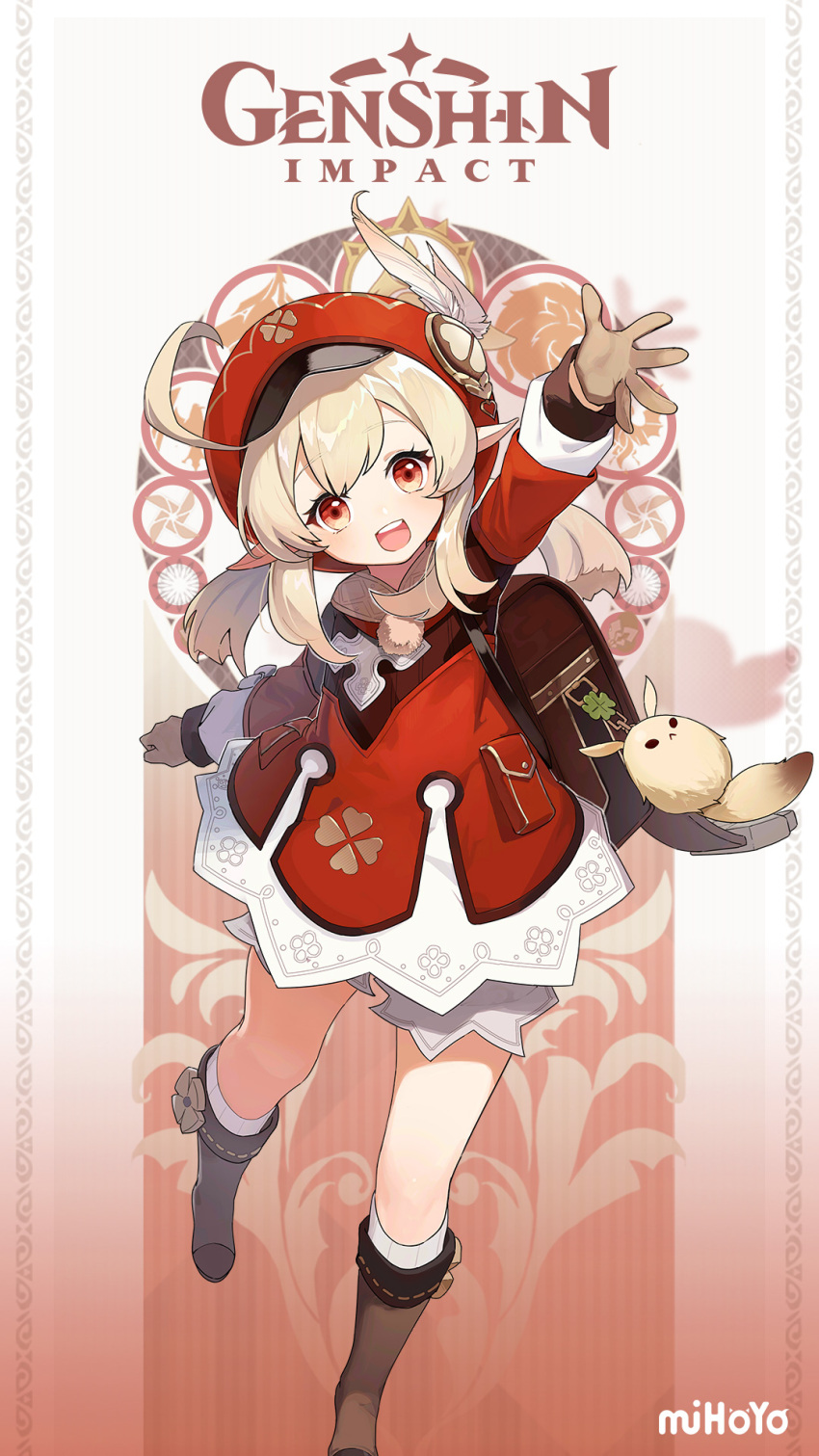 bag beret blonde_hair bomb boots child commentary feathers fur_trim genshin_impact gloves hat highres klee_(genshin_impact) official_art open_mouth pointy_ears red_eyes solo stuffed_toy teeth twintails