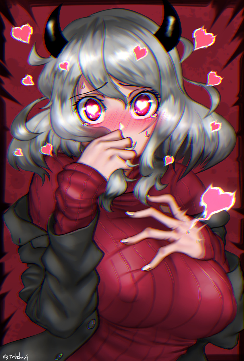 1girl absurdres alternate_hair_color blush breasts chromatic_aberration demon_girl demon_horns eyebrows_visible_through_hair grey_hair hand_on_own_chest heart heart-shaped_pupils helltaker highres horns large_breasts long_sleeves looking_at_viewer modeus_(helltaker) red_eyes red_sweater ribbed_sweater short_hair solo sweater symbol-shaped_pupils takefu_jiin turtleneck turtleneck_sweater upper_body