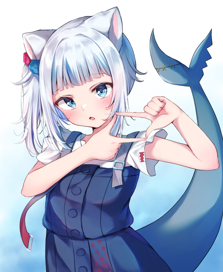 1girl animal_ears bangs blue_background blue_dress blue_eyes blue_hair blunt_bangs blush cat_ears dress eyebrows_visible_through_hair fish_tail gawr_gura gradient gradient_background highres hololive hololive_english looking_at_viewer multicolored_hair open_mouth shark_tail shishou_(doragyurosu) short_sleeves side_ponytail solo tail two-tone_hair virtual_youtuber white_hair