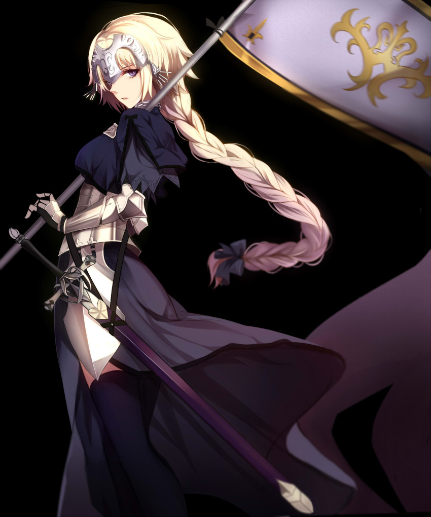 1girl armor armored_dress banner black_ribbon blonde_hair blue_eyes braid eyebrows_visible_through_hair fate/apocrypha fate/grand_order fate_(series) gauntlets highres jeanne_d'arc_(fate) jeanne_d'arc_(fate)_(all) long_hair low-tied_long_hair ponytail purple_legwear ribbon ruler_(fate/apocrypha) sheath sheathed shigure_s single_braid smile solo standing sword thigh-highs very_long_hair weapon