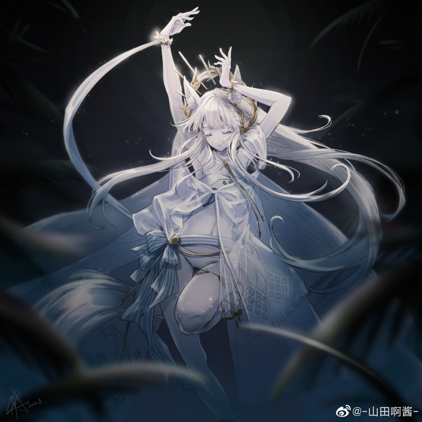 1girl animal_ears arknights arms_up bangs bare_arms bare_legs bare_shoulders bikini closed_eyes closed_mouth crown dancing eyebrows_behind_hair eyebrows_visible_through_hair hair_between_eyes hair_ornament highres horse_ears horse_girl leaf night night_sky platinum_(arknights) platinum_(shimmering_dew)_(arknights) ribbon shantianajiang sky solo standing standing_on_one_leg stomach swimsuit tail veil