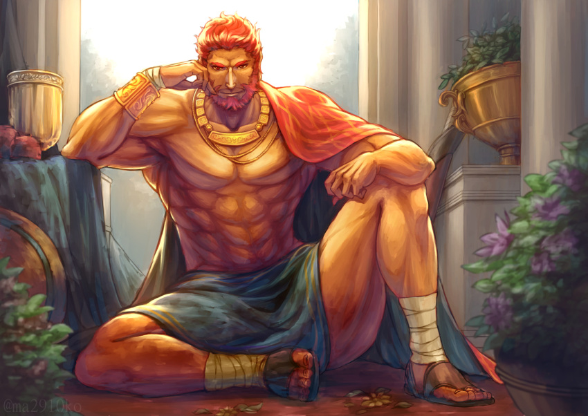 1boy abs alternate_costume backlighting bare_pectorals beard cape elbow_rest facial_hair fate/zero fate_(series) full_body greek_clothes iskandar_(fate) looking_at_viewer ma2910ko male_focus mature_male muscular muscular_male pectorals pelvic_curtain red_eyes redhead short_hair solo thick_thighs thighs