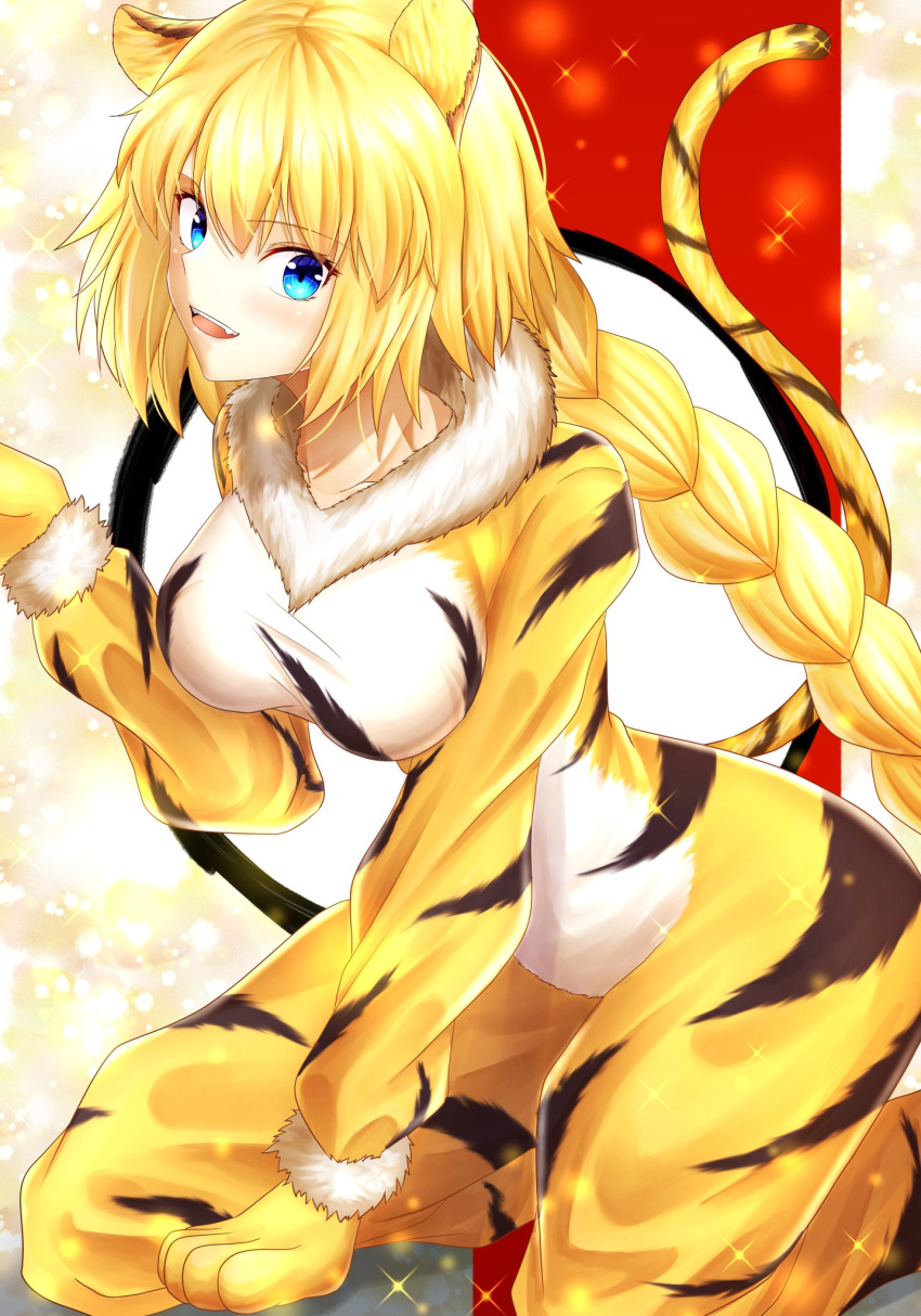 1girl 2022 armor armored_dress banner black_ribbon blonde_hair blue_eyes braid cosplay eyebrows_visible_through_hair fate/apocrypha fate/grand_order fate_(series) gauntlets highres ilsa ilsa34660285 jeanne_d'arc_(fate) jeanne_d'arc_(fate)_(all) long_hair low-tied_long_hair new_year ponytail purple_legwear ribbon ruler_(fate/apocrypha) sheath sheathed single_braid smile solo standing sword thigh-highs tiger_costume very_long_hair weapon